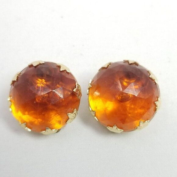 Vintage Orange Faceted Dome Clip On Earrings, Made in Hong Kong, Plastic - Picture 1 of 7